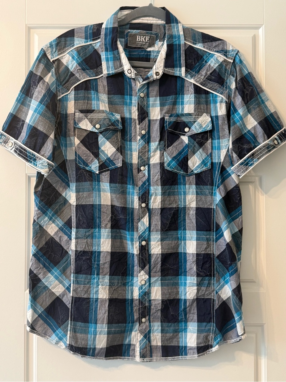 BKE Standard Fit Distressed Western Plaid Shirt Plaid Short Sleeves Snap Front L
